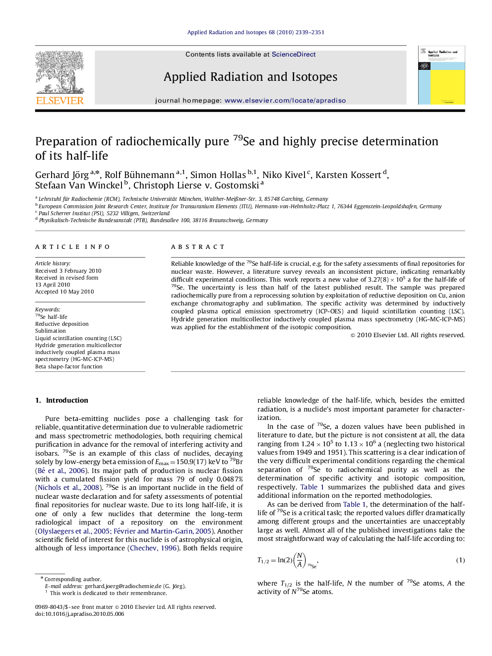 Preparation of radiochemically pure 79Se and highly precise determination of its half-life