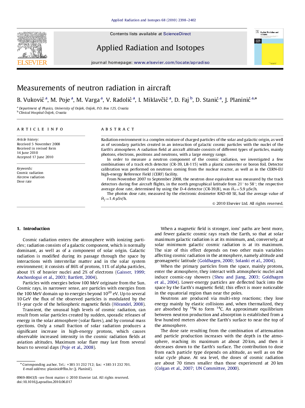 Measurements of neutron radiation in aircraft