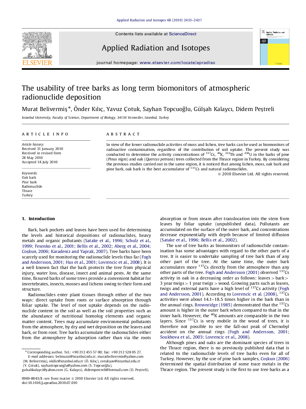 عکس صفحه اول مقاله: The usability of tree barks as long term biomonitors of atmospheric radionuclide deposition The usability of tree barks as long term biomonitors of atmospheric radionuclide deposition