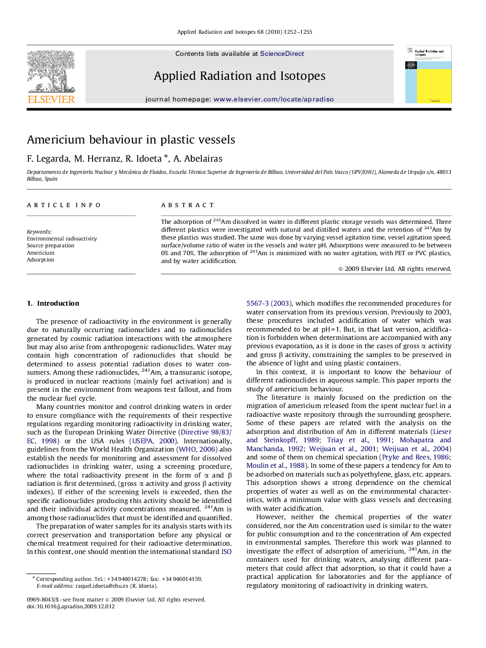 Americium behaviour in plastic vessels