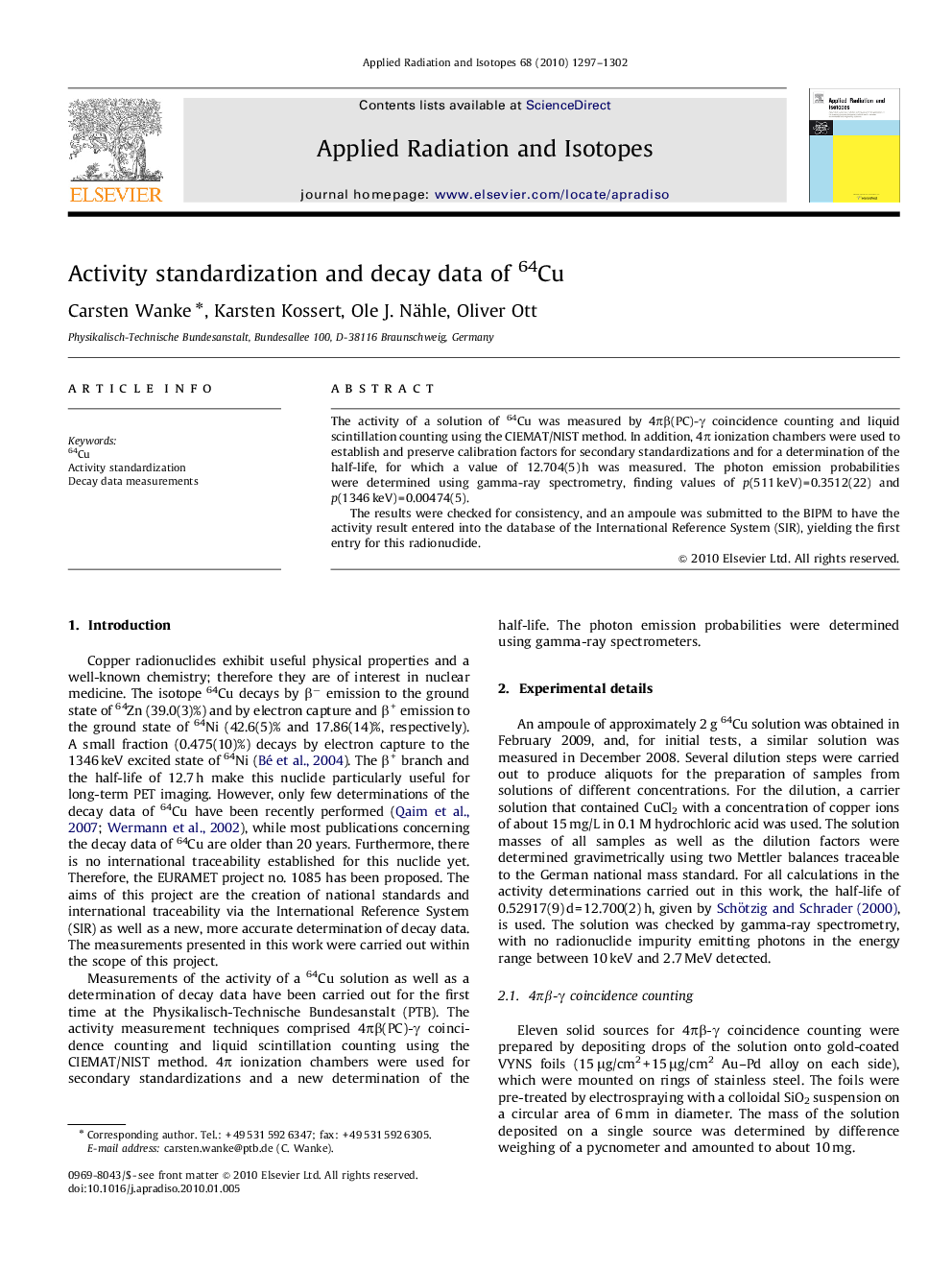 Activity standardization and decay data of 64Cu