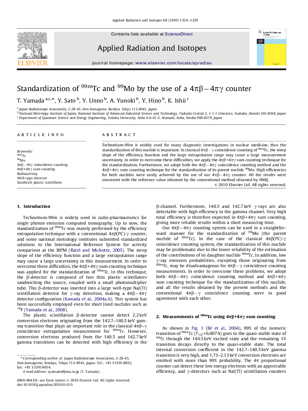 Standardization of 99mTc and 99Mo by the use of a 4πβ−4πγ counter