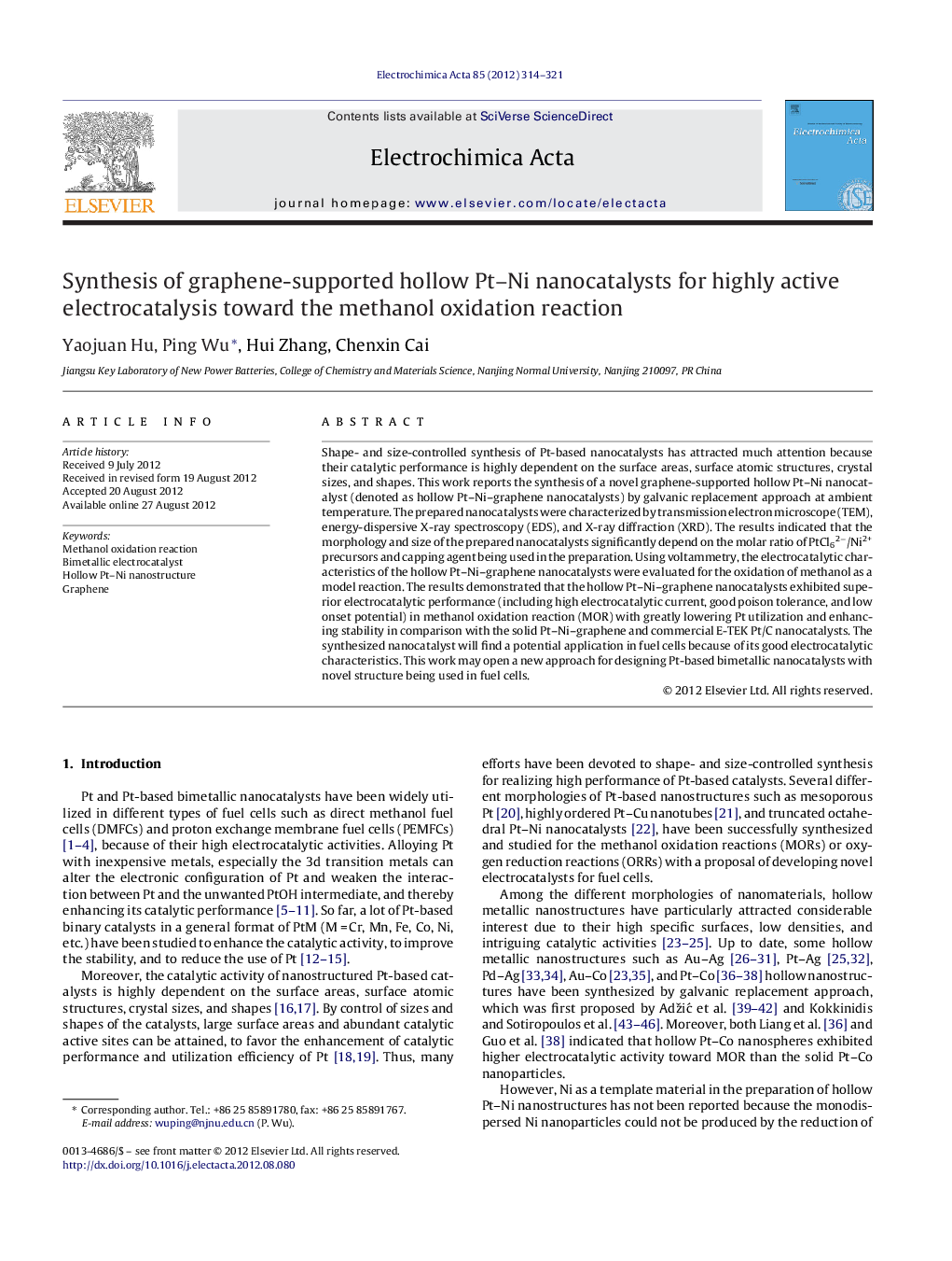 Synthesis of graphene-supported hollow Pt–Ni nanocatalysts for highly active electrocatalysis toward the methanol oxidation reaction