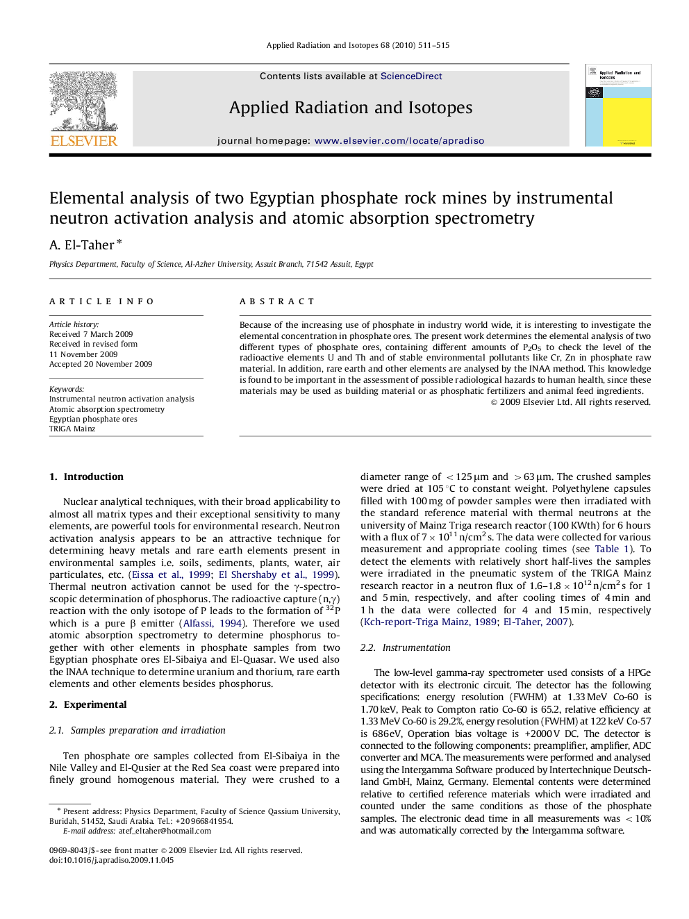 Elemental analysis of two Egyptian phosphate rock mines by instrumental neutron activation analysis and atomic absorption spectrometry