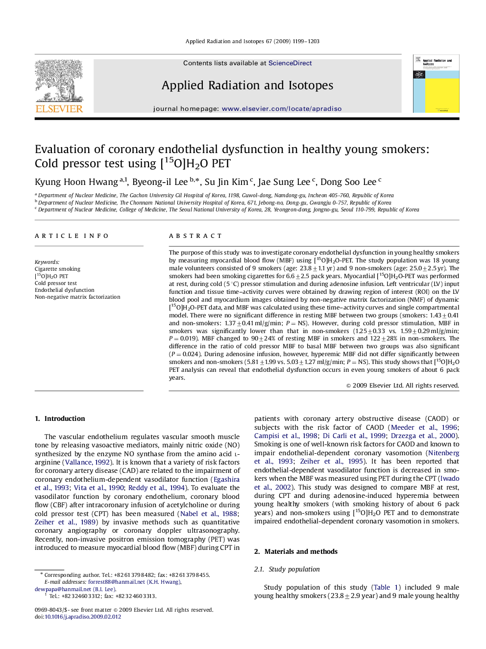 Evaluation of coronary endothelial dysfunction in healthy young smokers: Cold pressor test using [15O]H2O PET