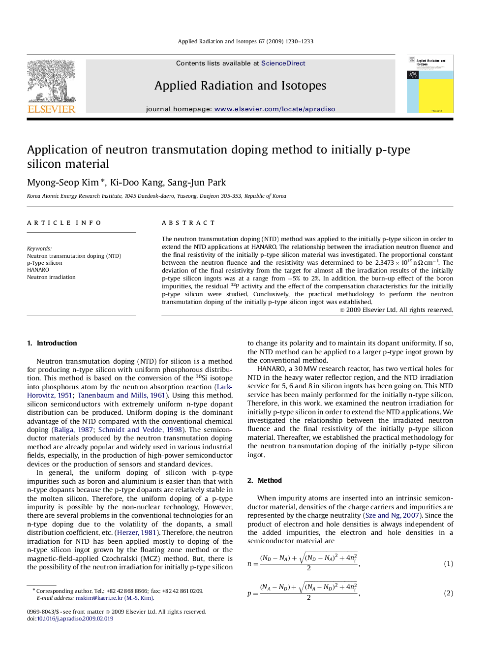 Application of neutron transmutation doping method to initially p-type silicon material