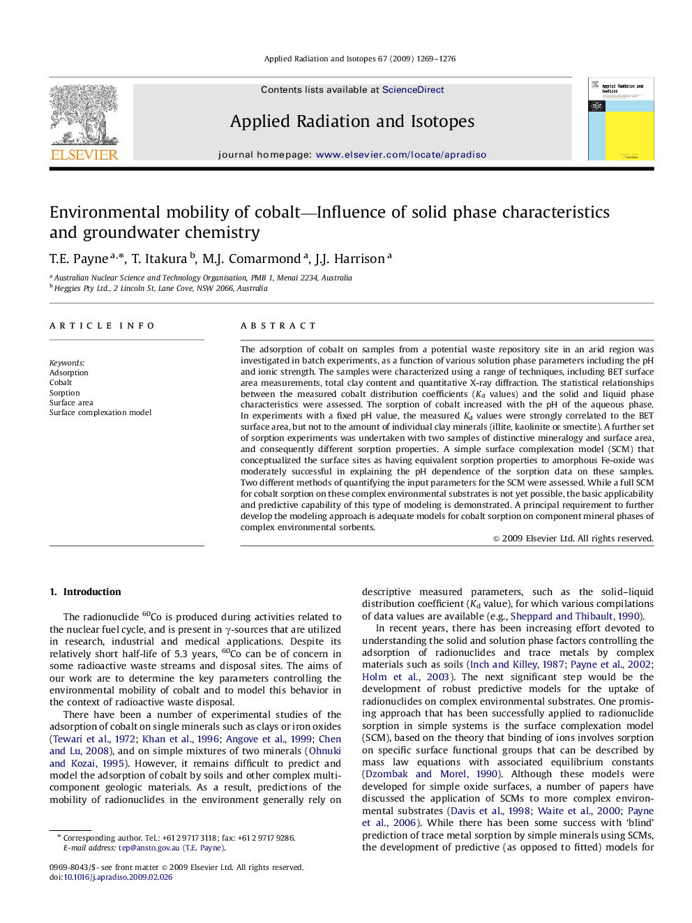 Environmental mobility of cobalt—Influence of solid phase characteristics and groundwater chemistry