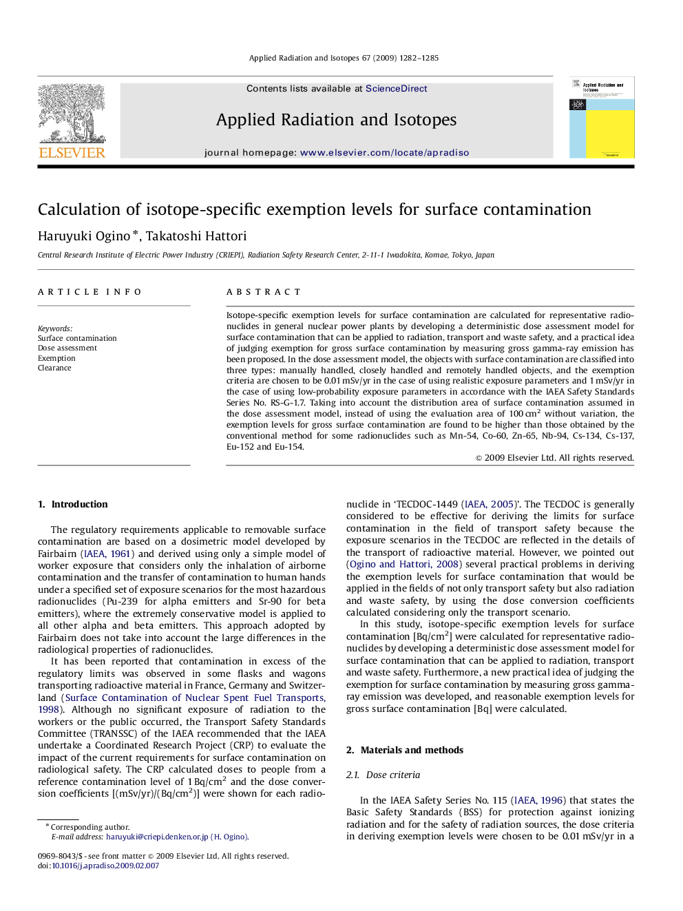 Calculation of isotope-specific exemption levels for surface contamination