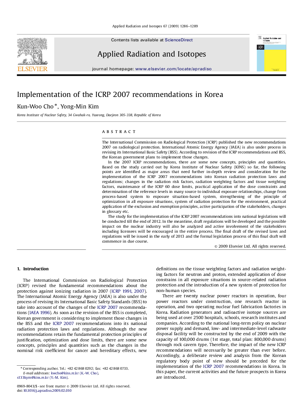 Implementation of the ICRP 2007 recommendations in Korea