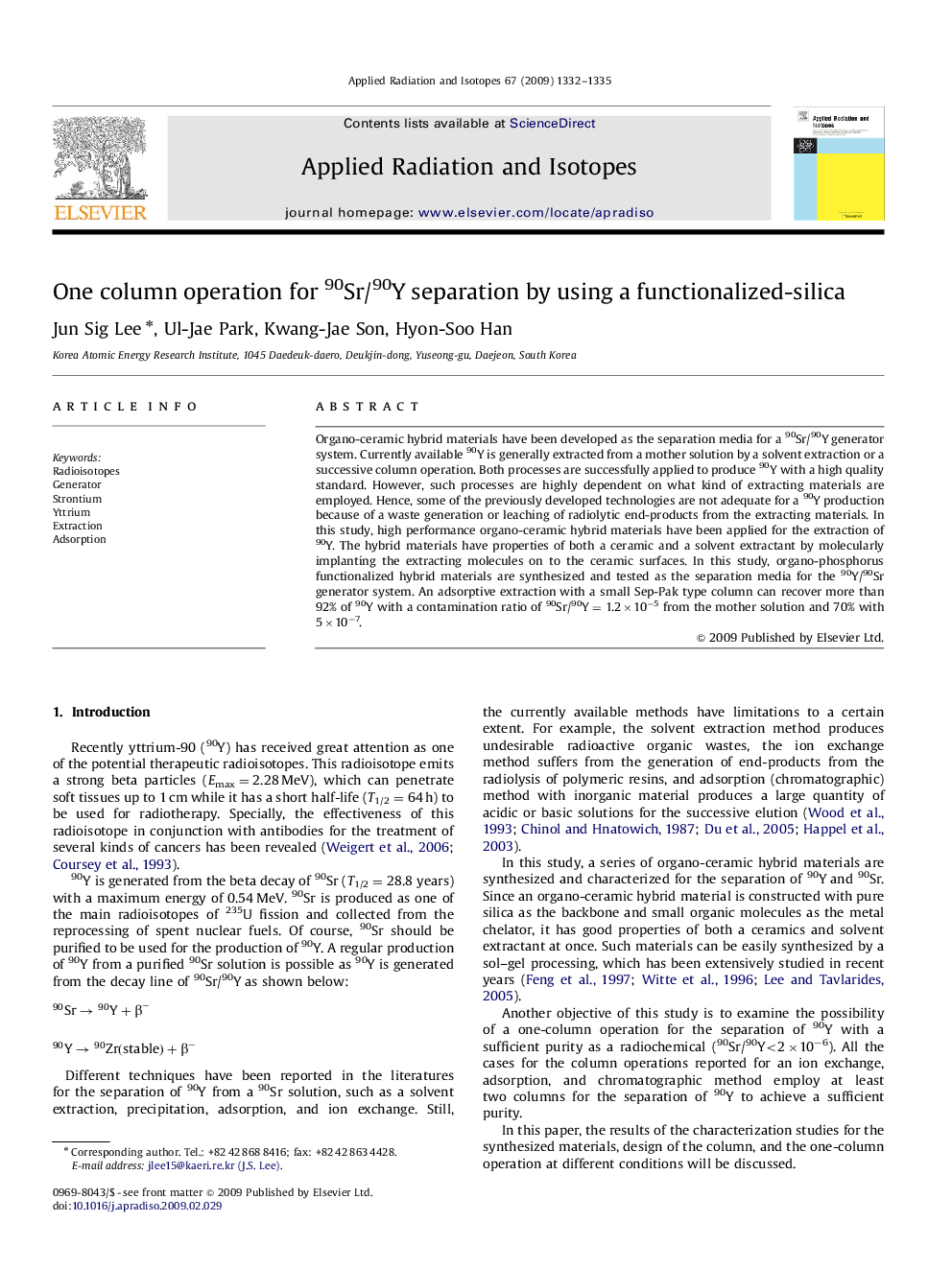 One column operation for 90Sr/90Y separation by using a functionalized-silica