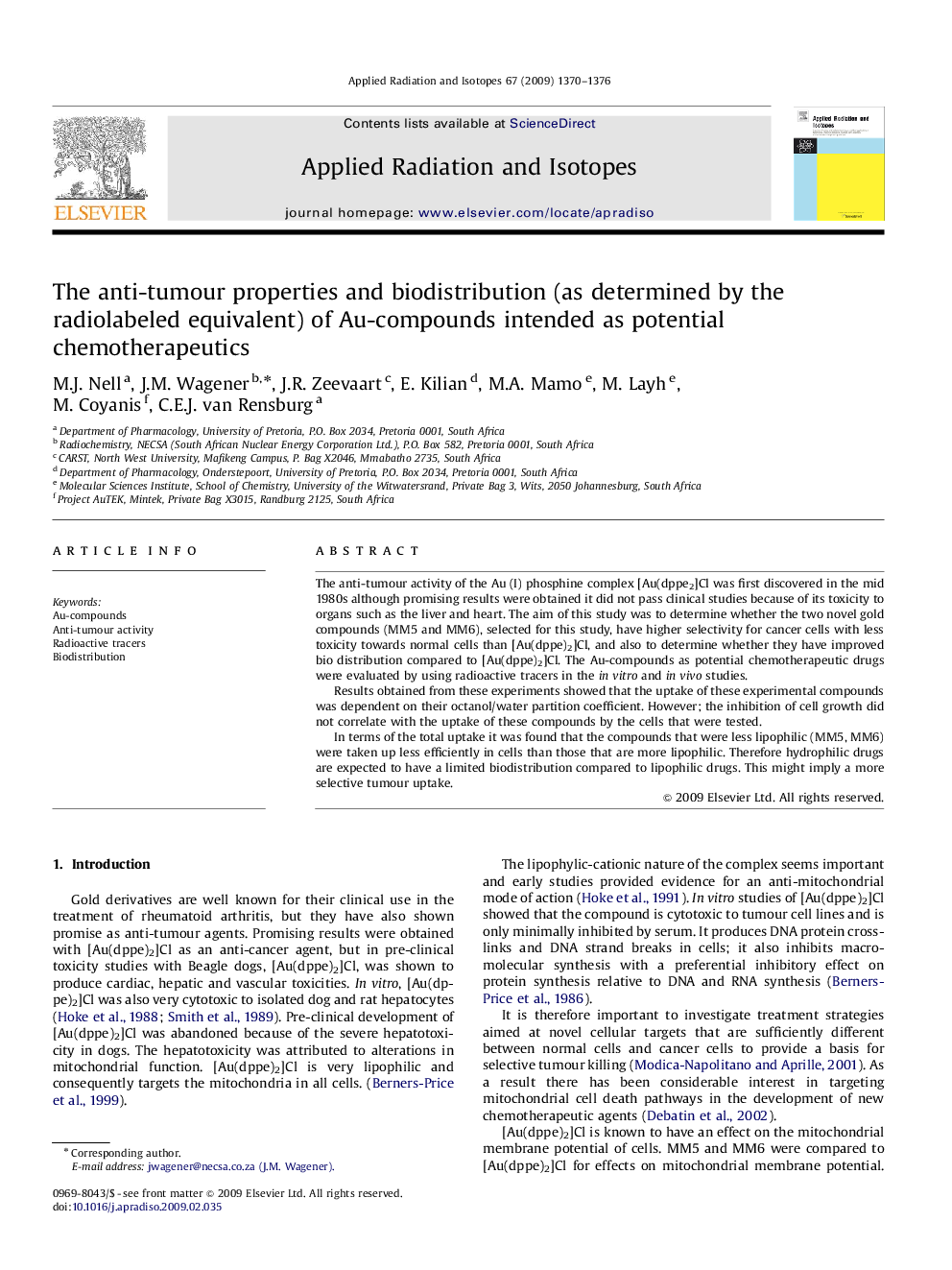 The anti-tumour properties and biodistribution (as determined by the radiolabeled equivalent) of Au-compounds intended as potential chemotherapeutics