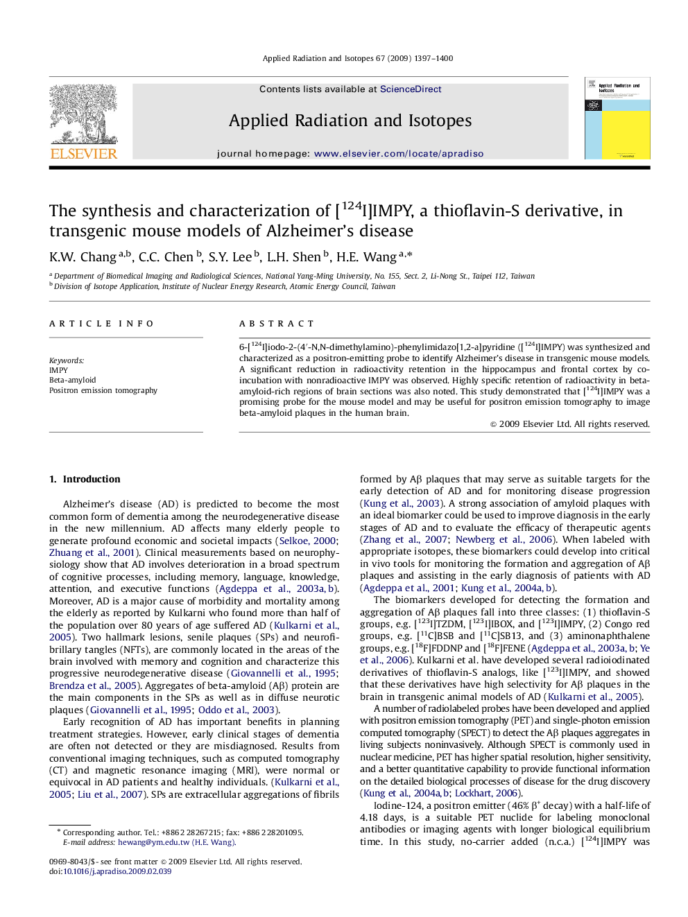 The synthesis and characterization of [124I]IMPY, a thioflavin-S derivative, in transgenic mouse models of Alzheimer's disease