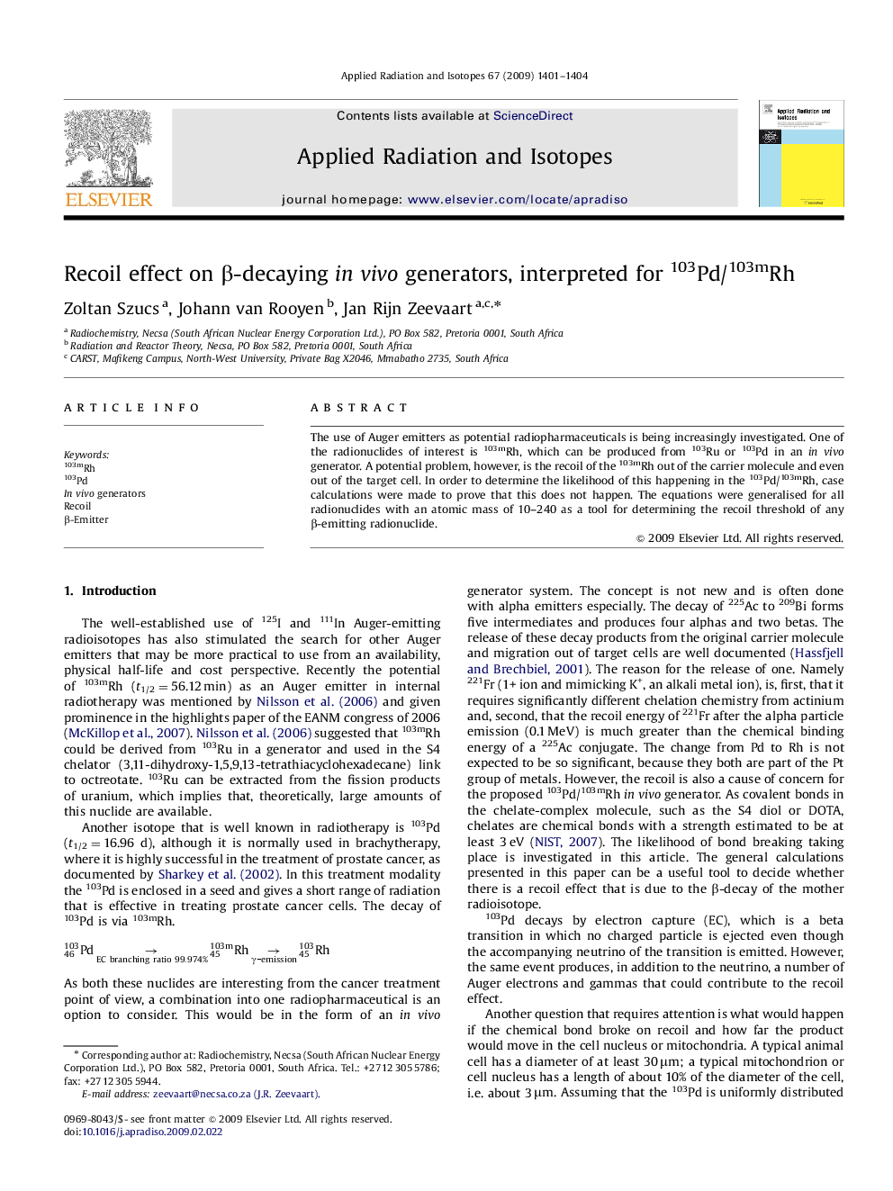 Recoil effect on β-decaying in vivo generators, interpreted for 103Pd/103mRh