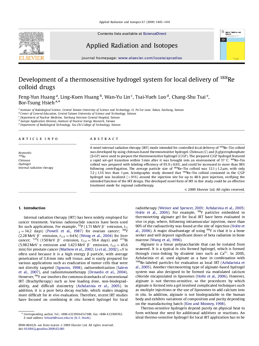 Development of a thermosensitive hydrogel system for local delivery of 188Re colloid drugs