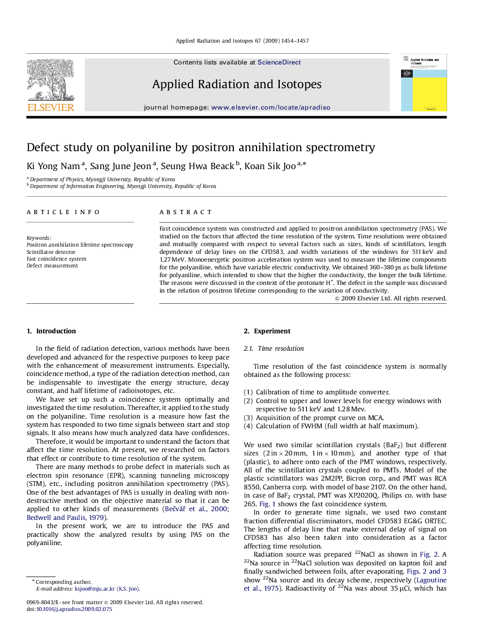 Defect study on polyaniline by positron annihilation spectrometry