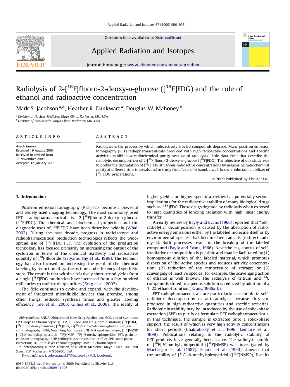 Radiolysis of 2-[18F]fluoro-2-deoxy-d-glucose ([18F]FDG) and the role of ethanol and radioactive concentration