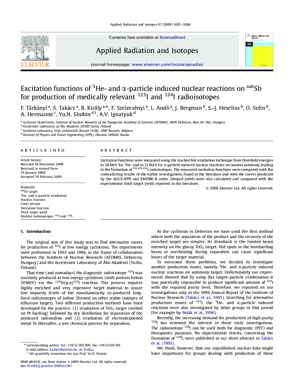 Excitation functions of 3He- and Î±-particle induced nuclear reactions on natSb for production of medically relevant 123I and 124I radioisotopes