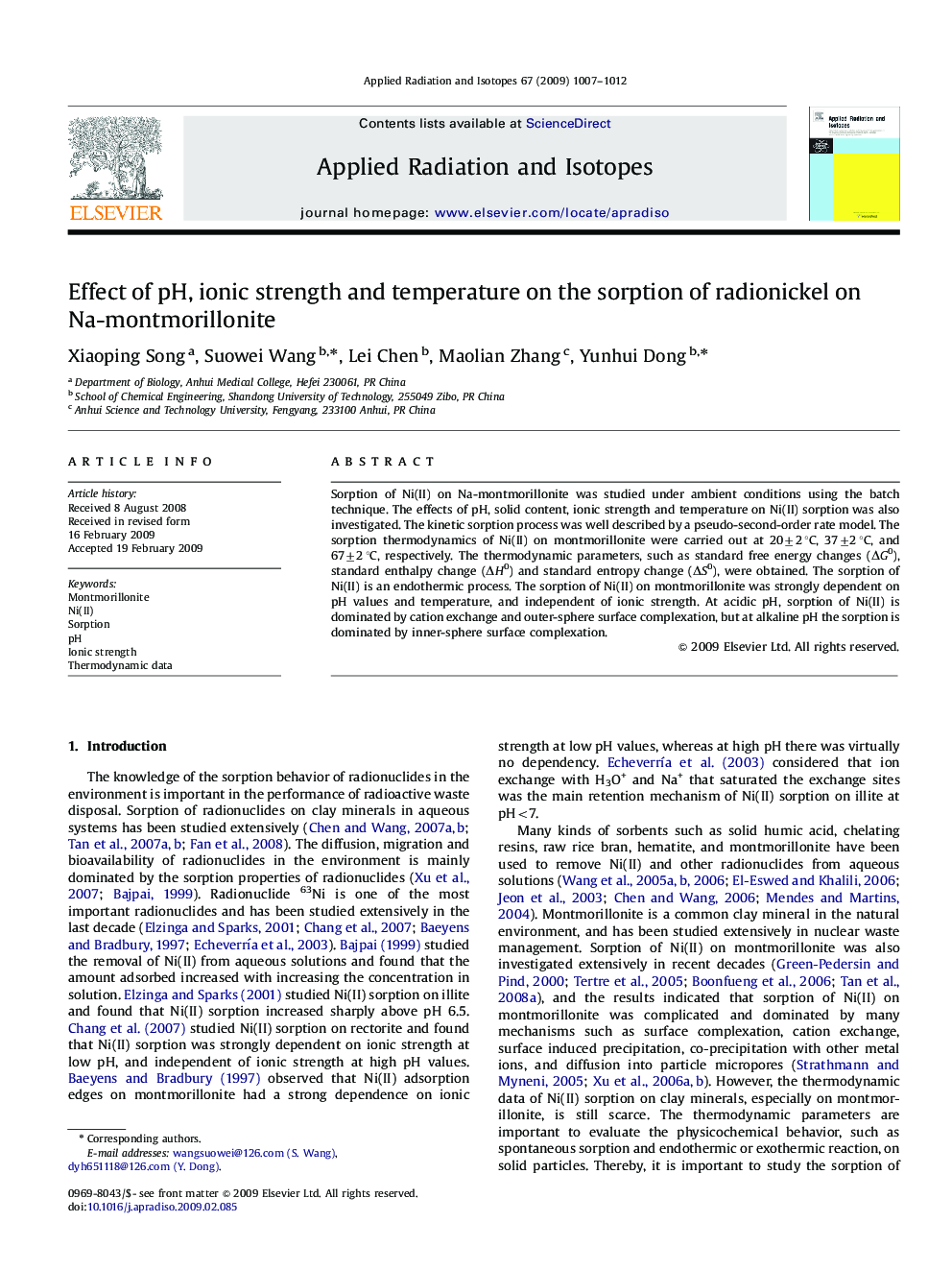 Effect of pH, ionic strength and temperature on the sorption of radionickel on Na-montmorillonite