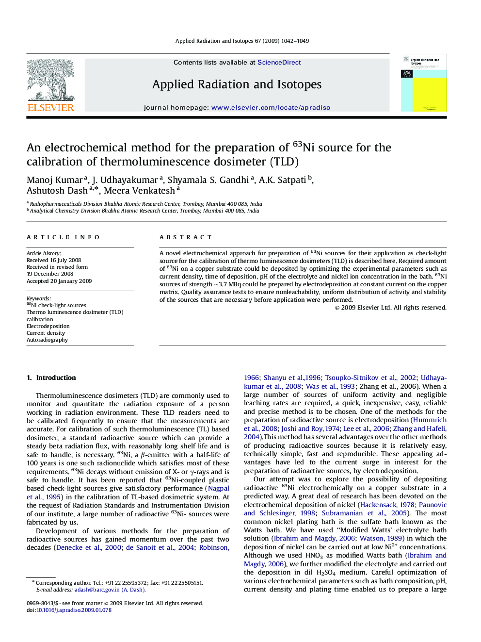 An electrochemical method for the preparation of 63Ni source for the calibration of thermoluminescence dosimeter (TLD)