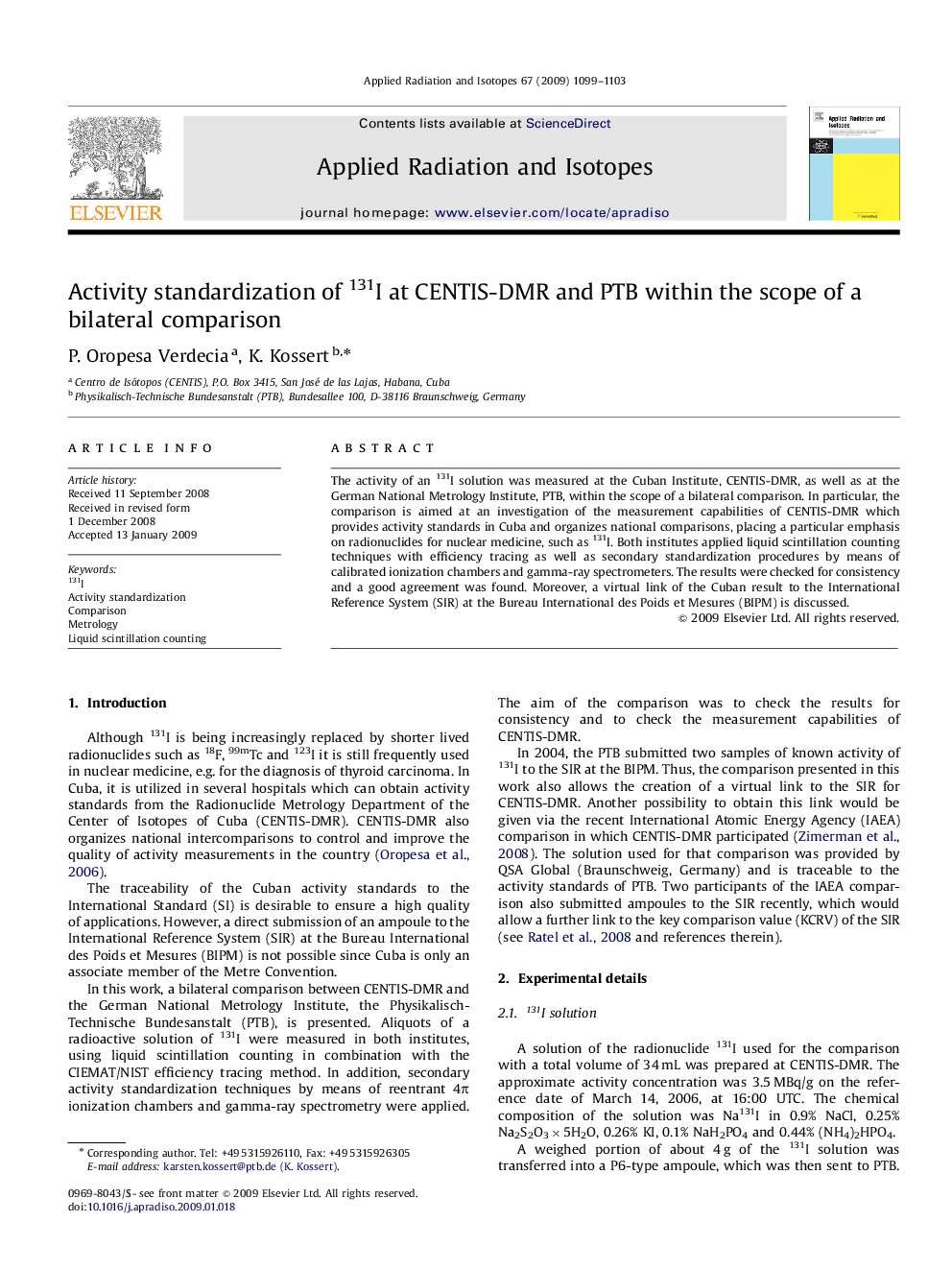 Activity standardization of 131I at CENTIS-DMR and PTB within the scope of a bilateral comparison