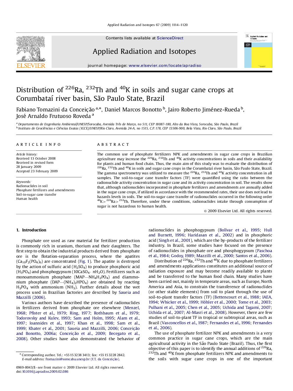 Distribution of 226Ra, 232Th and 40K in soils and sugar cane crops at Corumbataí river basin, São Paulo State, Brazil