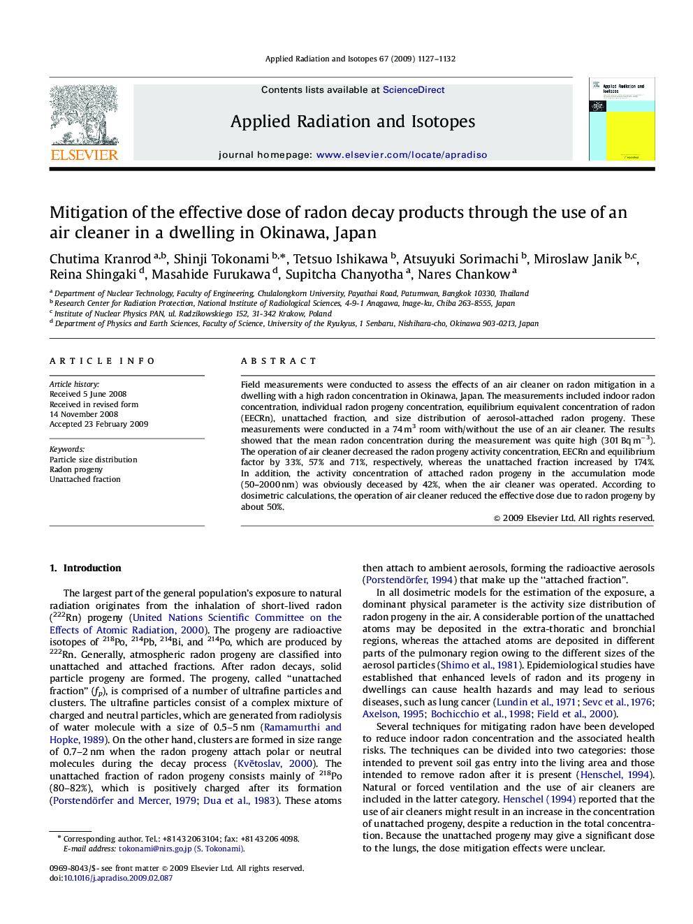 Mitigation of the effective dose of radon decay products through the use of an air cleaner in a dwelling in Okinawa, Japan