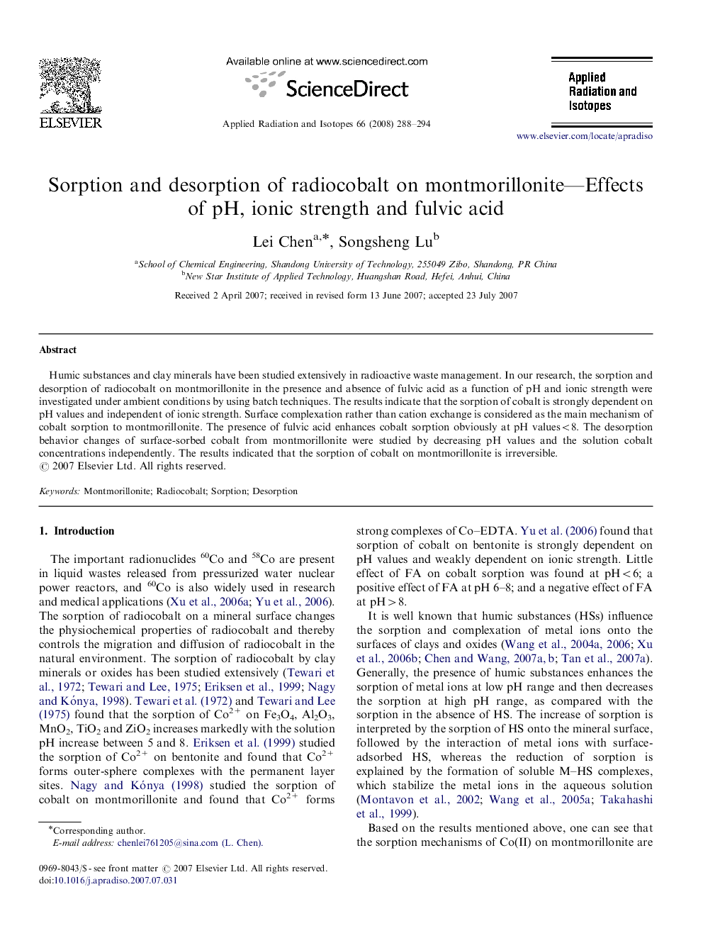 Sorption and desorption of radiocobalt on montmorillonite—Effects of pH, ionic strength and fulvic acid