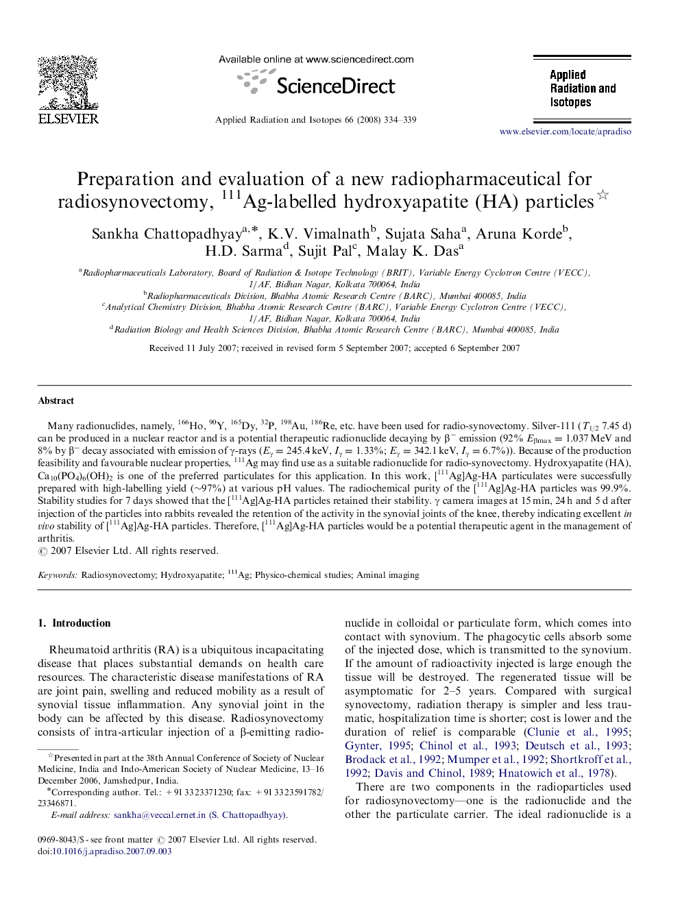 Preparation and evaluation of a new radiopharmaceutical for radiosynovectomy, 111Ag-labelled hydroxyapatite (HA) particles 