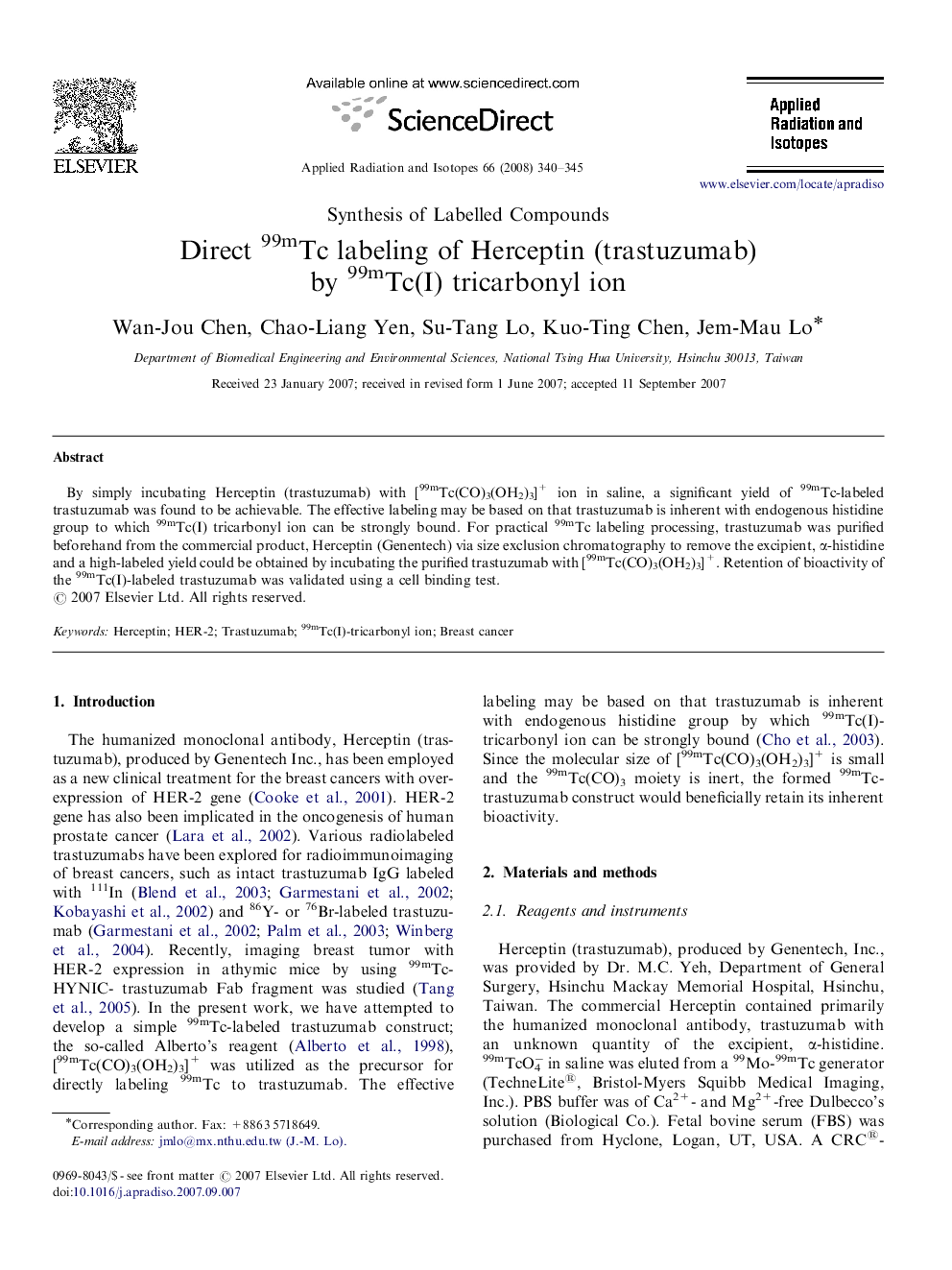 Direct 99mTc labeling of Herceptin (trastuzumab) by 99mTc(I) tricarbonyl ion