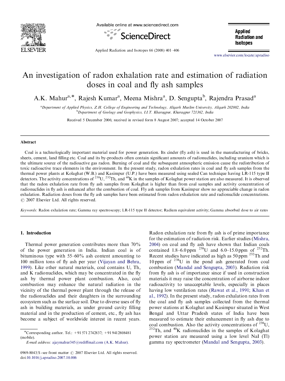 An investigation of radon exhalation rate and estimation of radiation doses in coal and fly ash samples