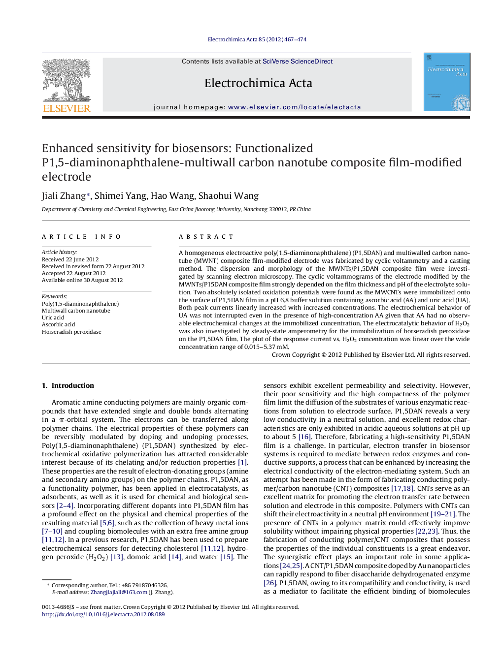 Enhanced sensitivity for biosensors: Functionalized P1,5-diaminonaphthalene-multiwall carbon nanotube composite film-modified electrode