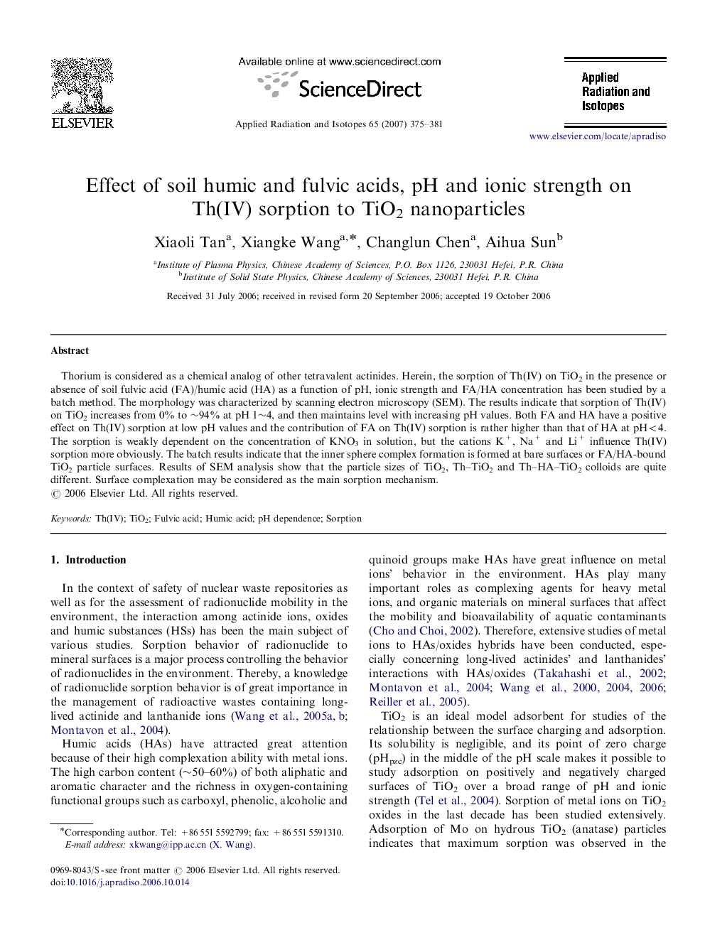 Effect of soil humic and fulvic acids, pH and ionic strength on Th(IV) sorption to TiO2 nanoparticles