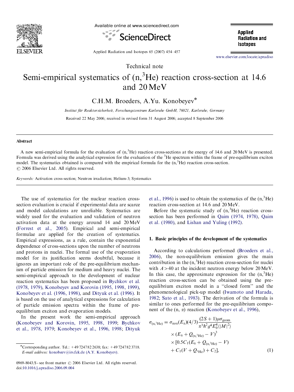 Semi-empirical systematics of (n,3He) reaction cross-section at 14.6 and 20Â MeV