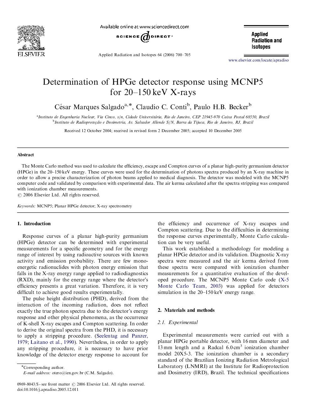 Determination of HPGe detector response using MCNP5 for 20–150 keV X-rays