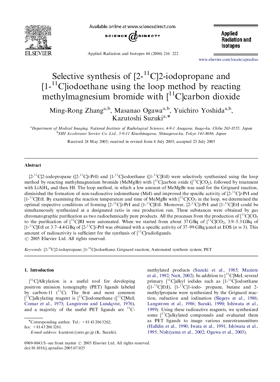 Selective synthesis of [2-11C]2-iodopropane and [1-11C]iodoethane using the loop method by reacting methylmagnesium bromide with [11C]carbon dioxide