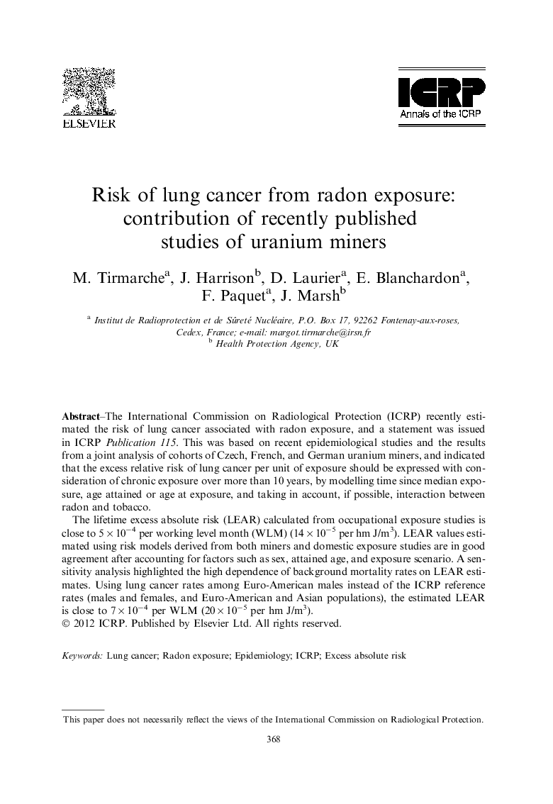 Risk of lung cancer from radon exposure: contribution of recently published studies of uranium miners