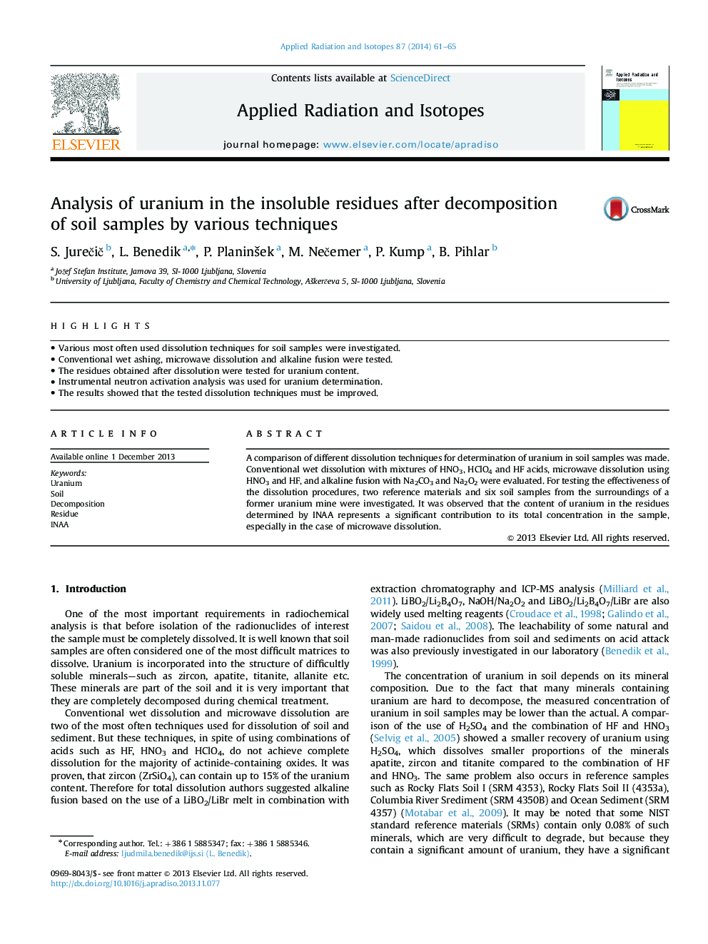 Analysis of uranium in the insoluble residues after decomposition of soil samples by various techniques