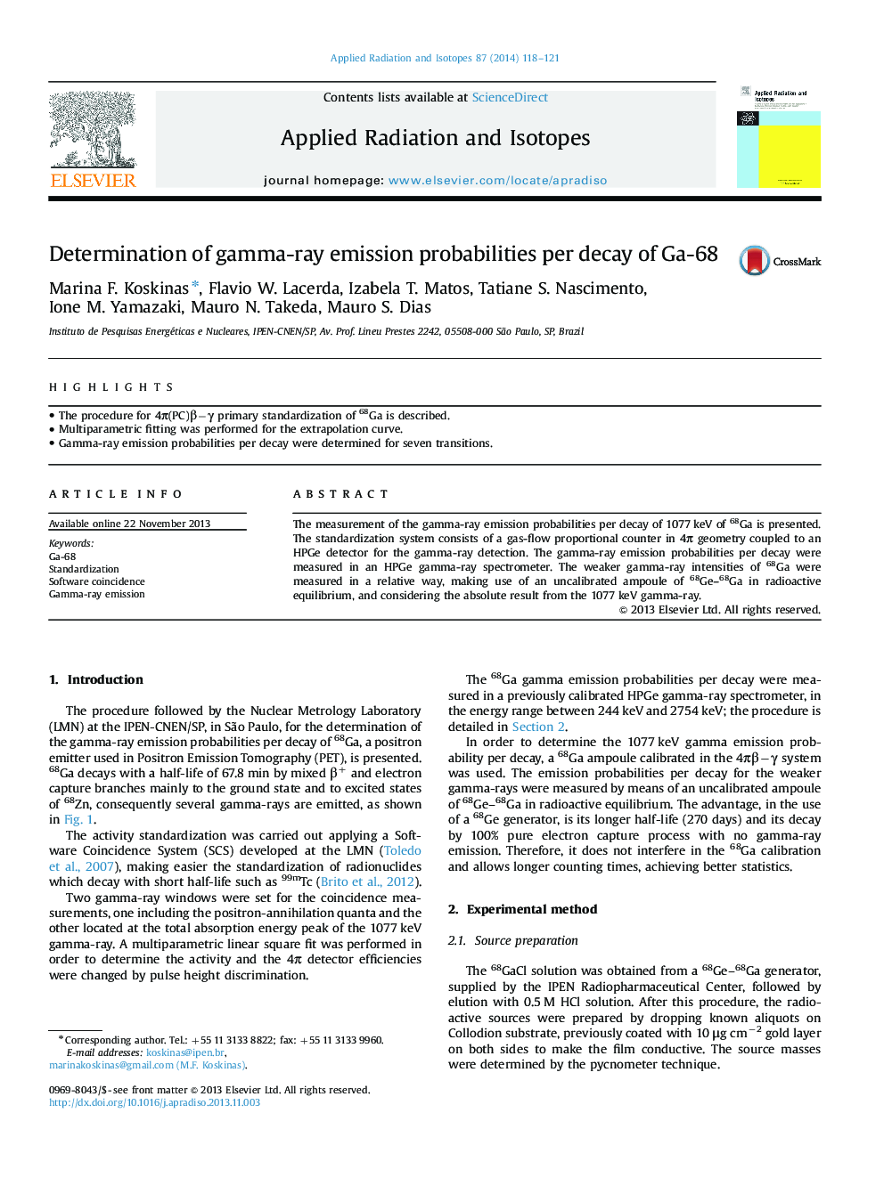 Determination of gamma-ray emission probabilities per decay of Ga-68