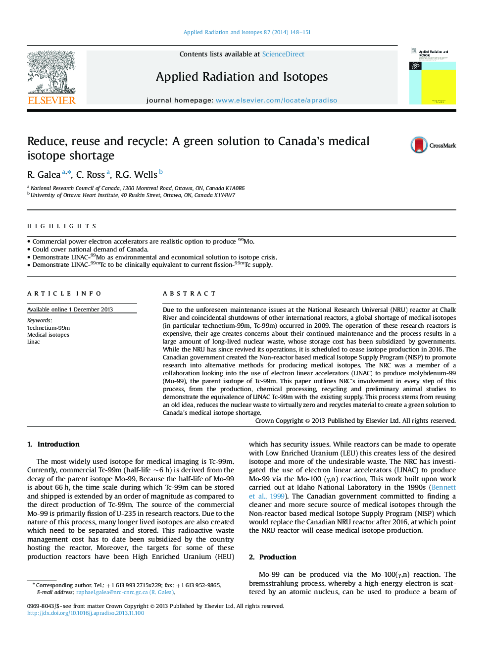 Reduce, reuse and recycle: A green solution to Canada's medical isotope shortage