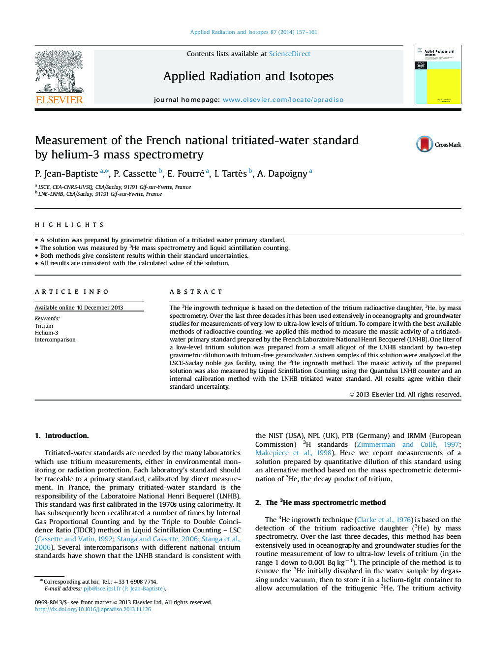 Measurement of the French national tritiated-water standard by helium-3 mass spectrometry