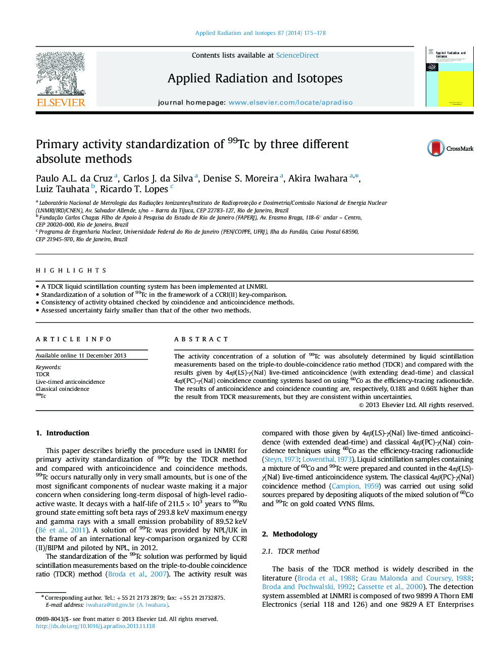 Primary activity standardization of 99Tc by three different absolute methods