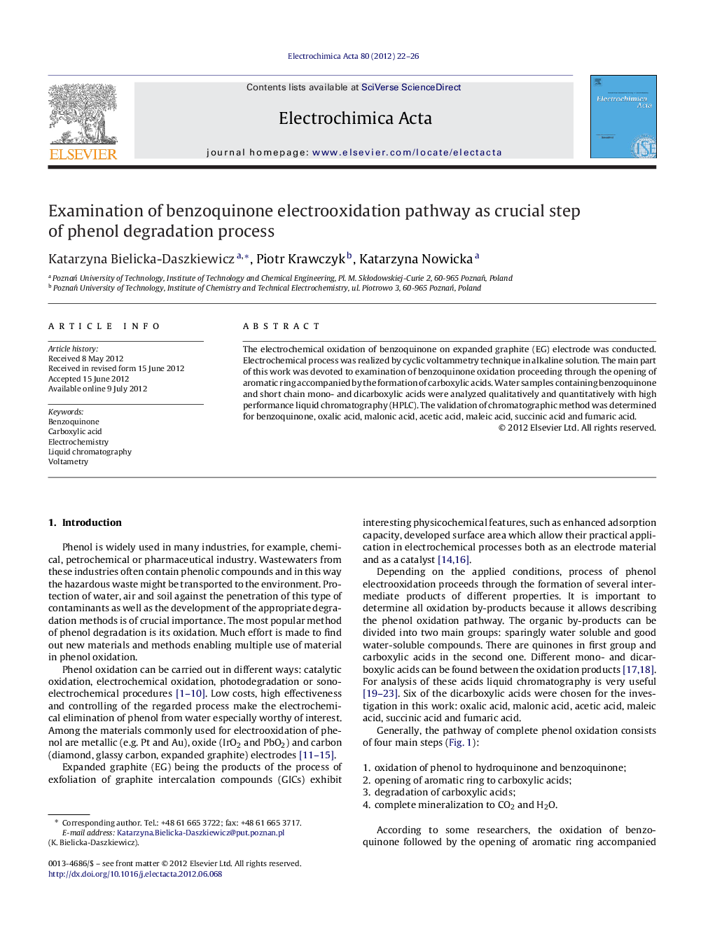 Examination of benzoquinone electrooxidation pathway as crucial step of phenol degradation process