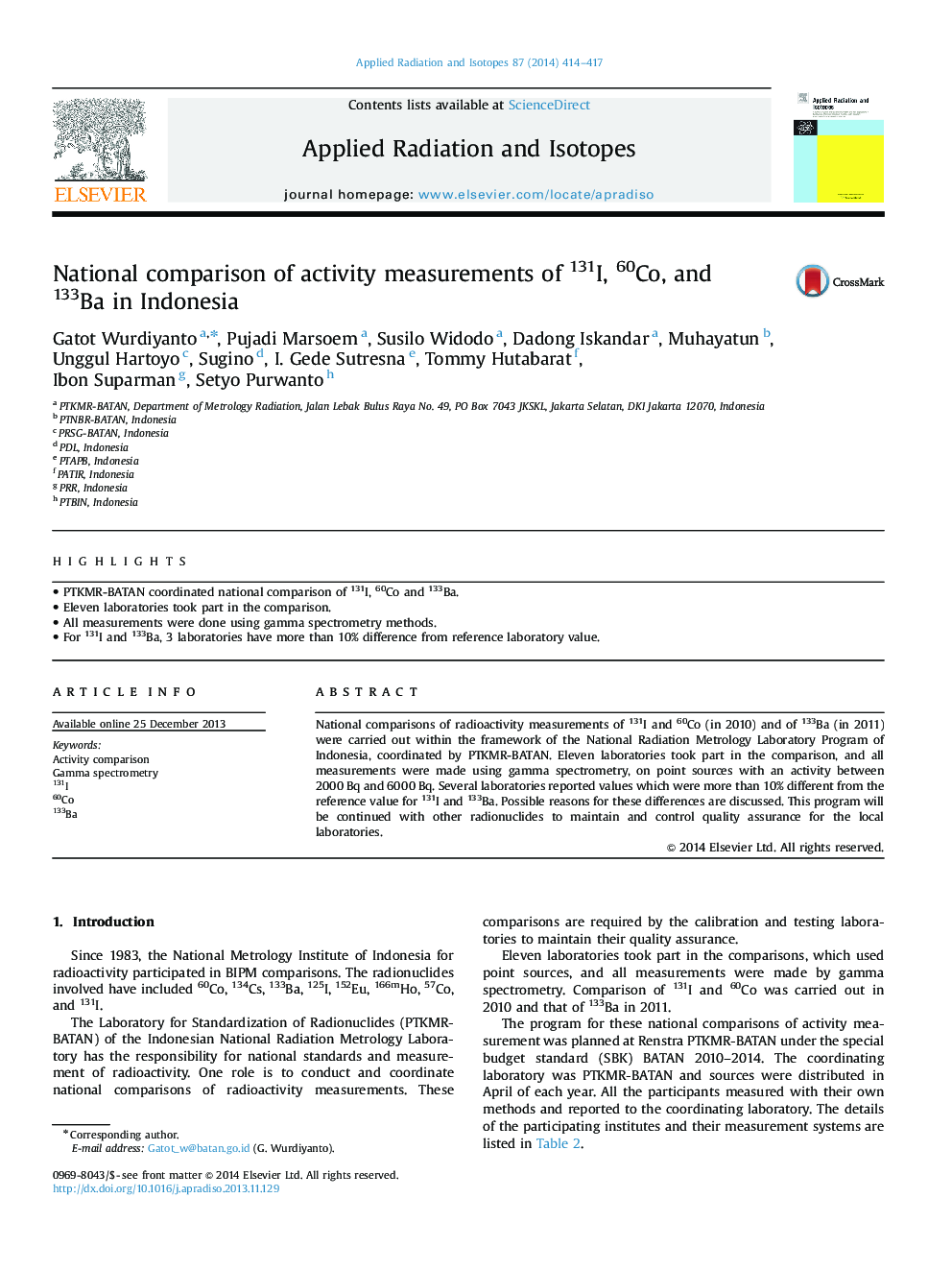 National comparison of activity measurements of 131I, 60Co, and 133Ba in Indonesia