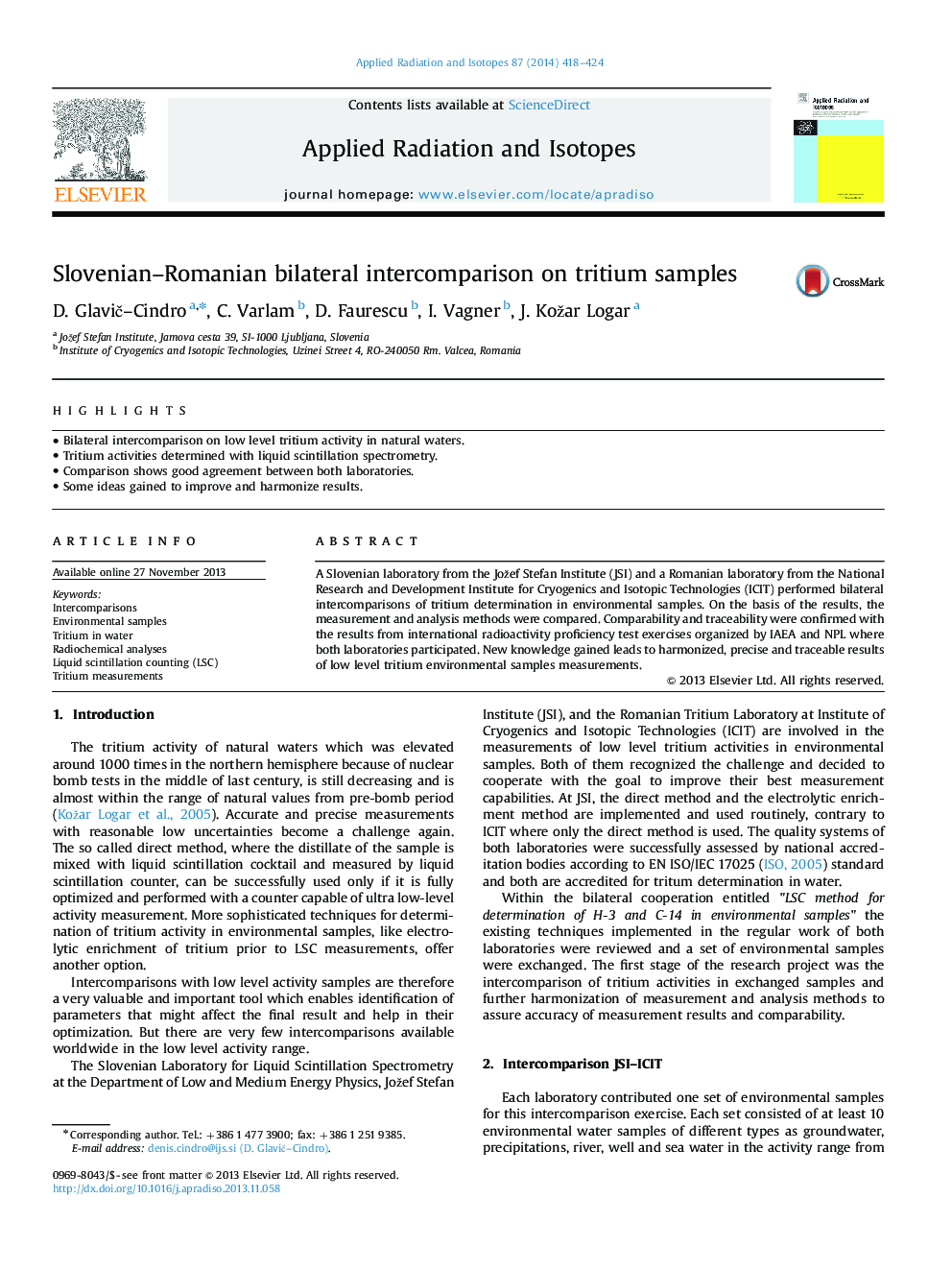 Slovenian–Romanian bilateral intercomparison on tritium samples