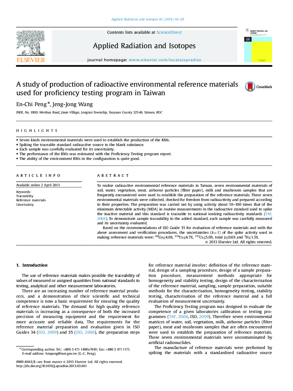 A study of production of radioactive environmental reference materials used for proficiency testing program in Taiwan