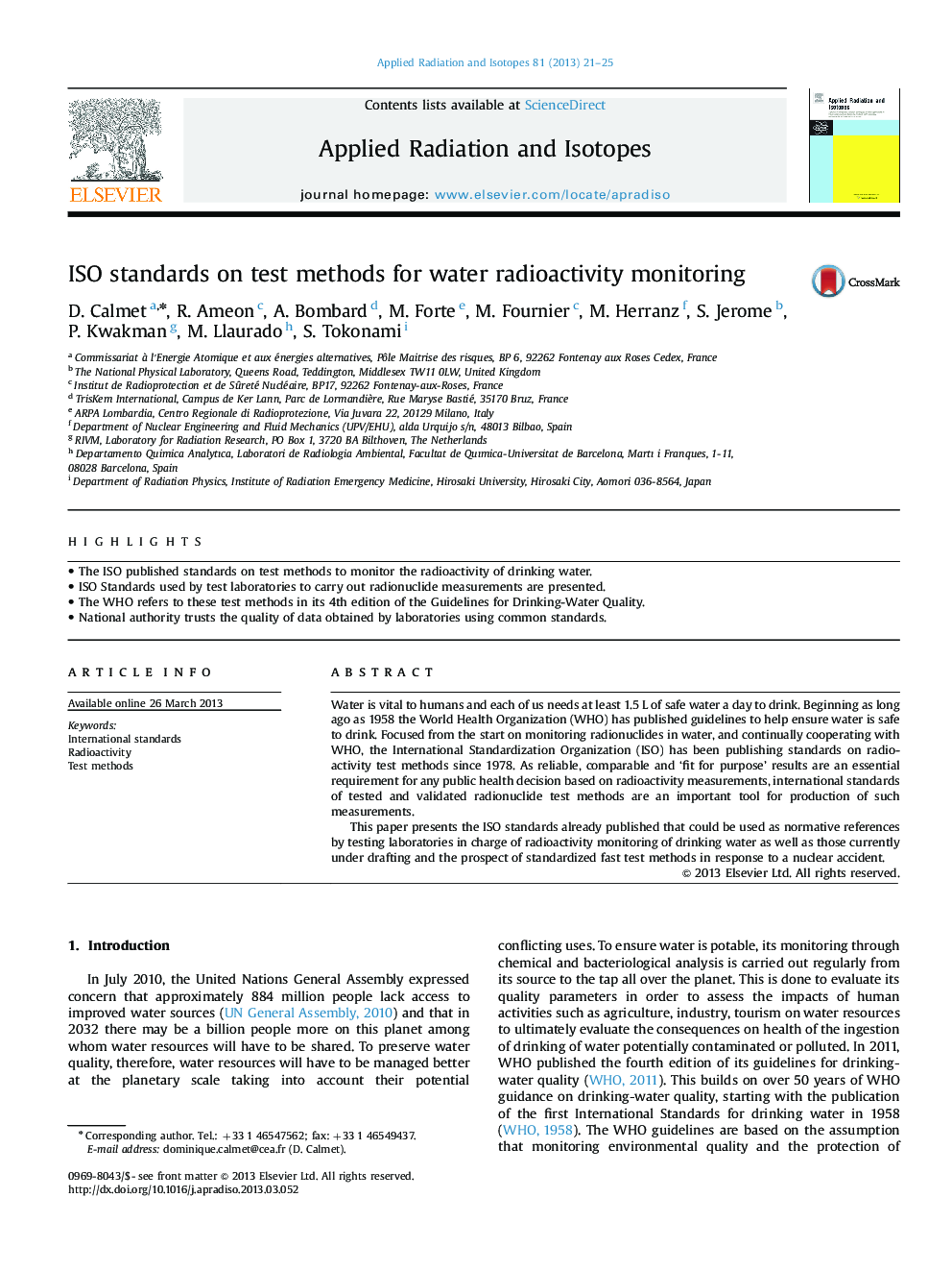 ISO standards on test methods for water radioactivity monitoring