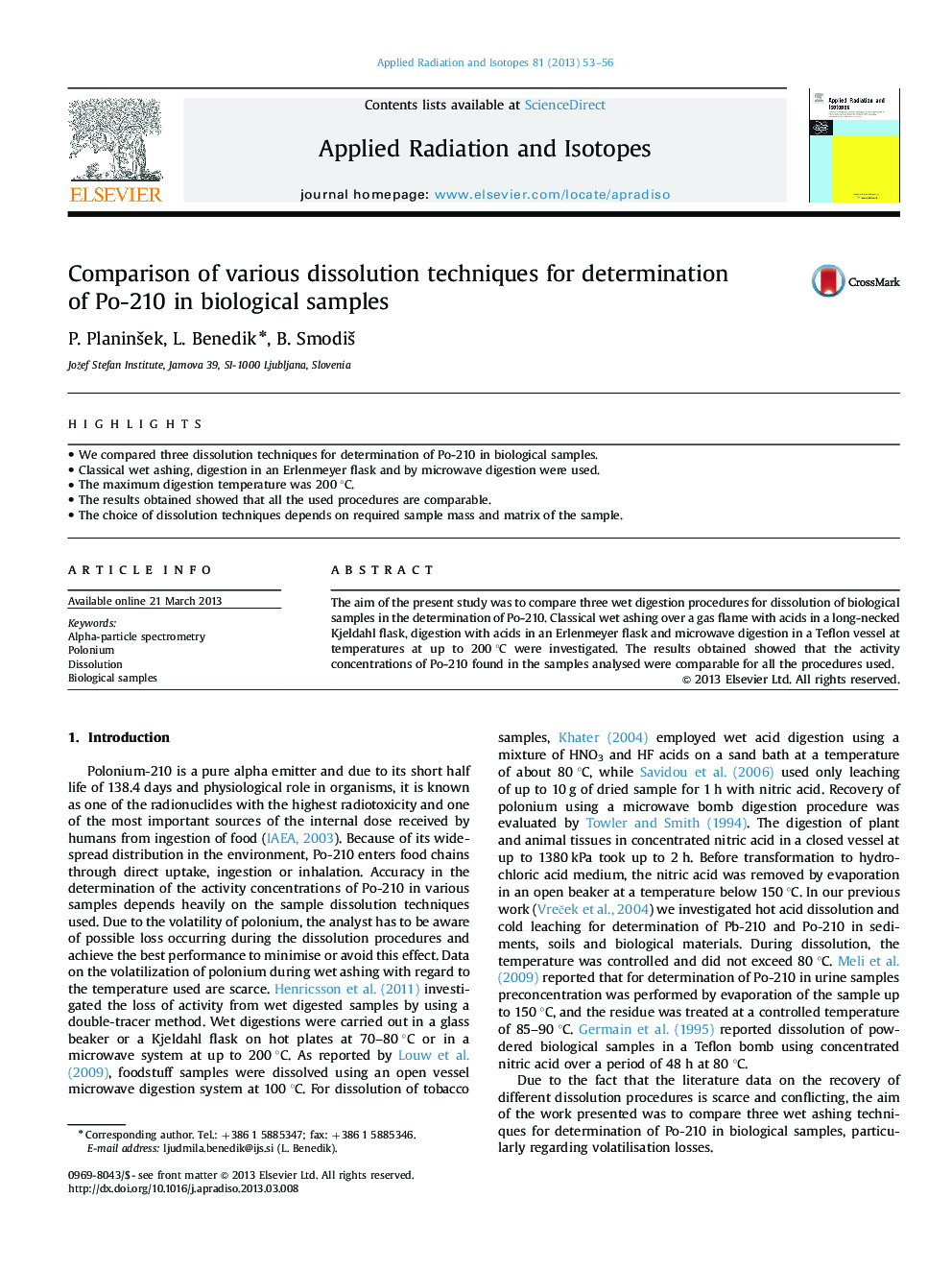 Comparison of various dissolution techniques for determination of Po-210 in biological samples