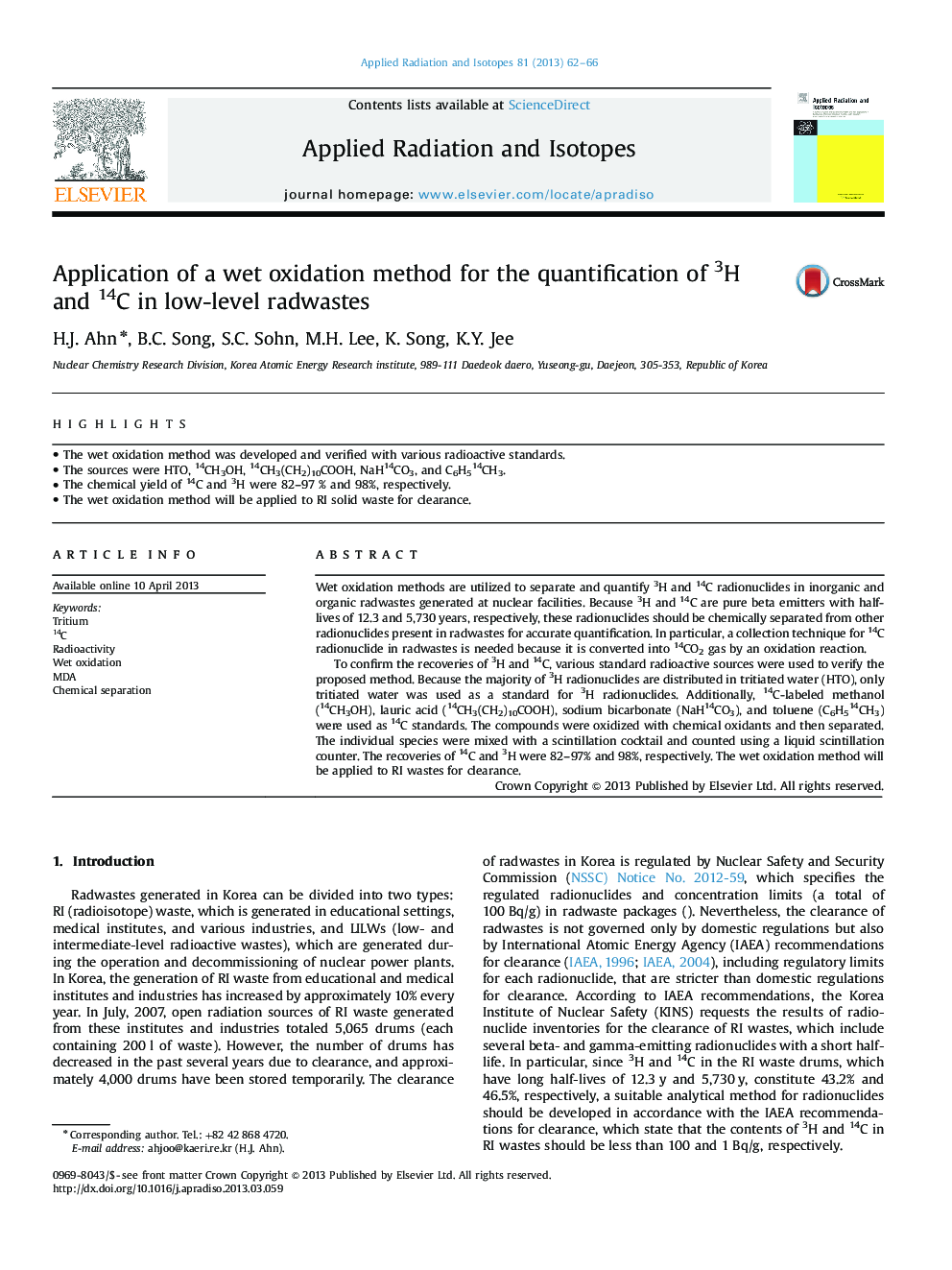 Application of a wet oxidation method for the quantification of 3H and 14C in low-level radwastes