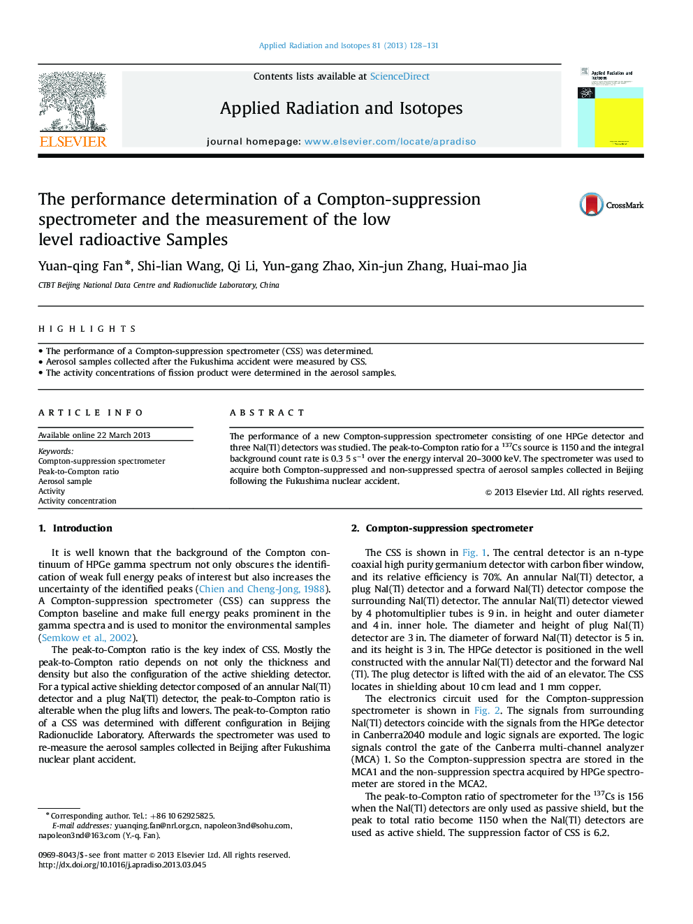 The performance determination of a Compton-suppression spectrometer and the measurement of the low level radioactive Samples