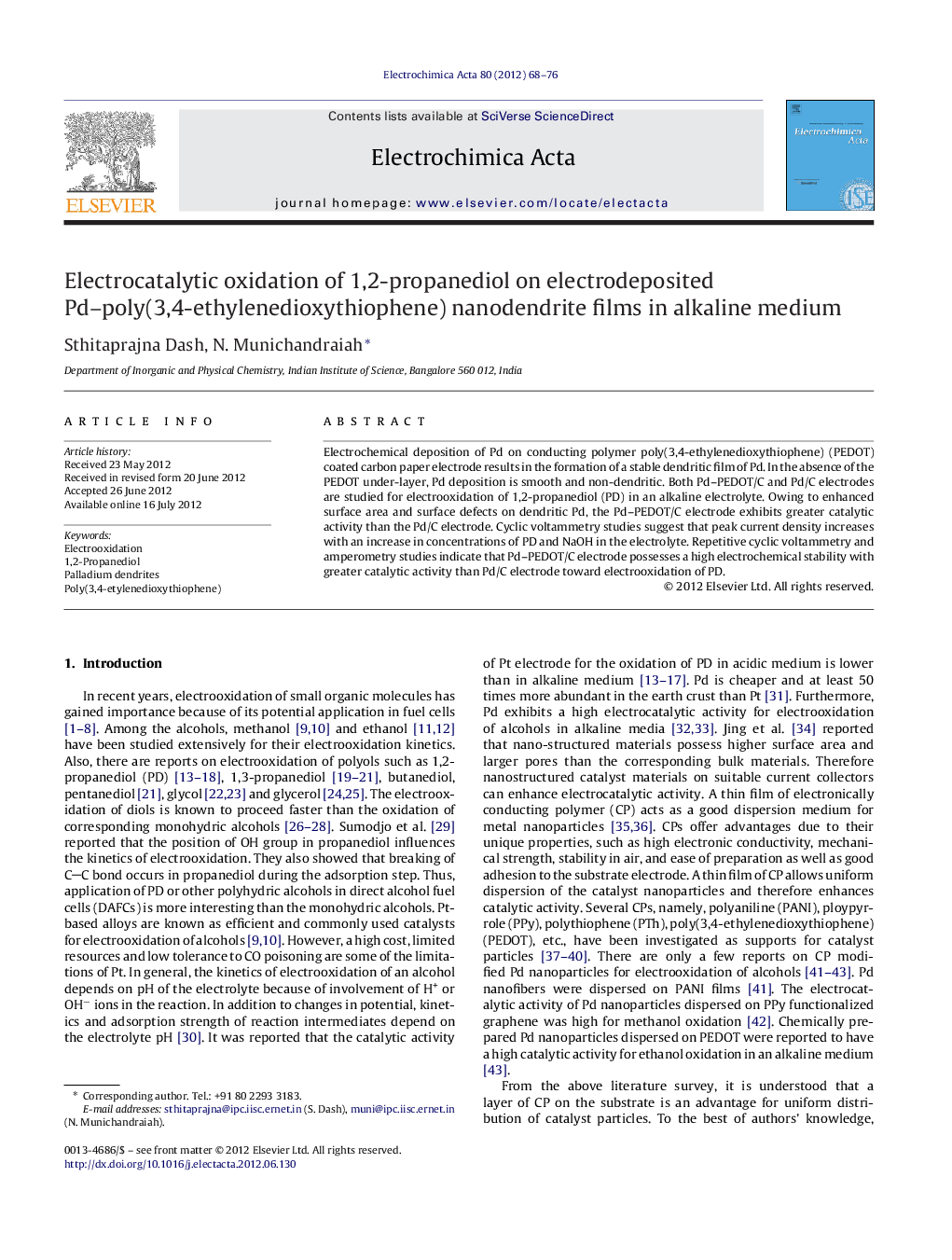 Electrocatalytic oxidation of 1,2-propanediol on electrodeposited Pd–poly(3,4-ethylenedioxythiophene) nanodendrite films in alkaline medium